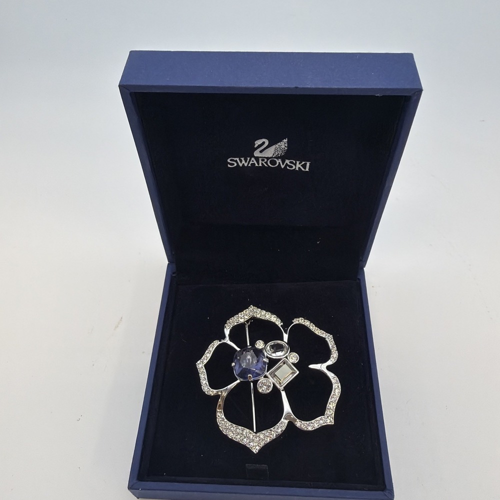 Vintage Signed Swarovski Swan Logo Silver-tone Brooch Clear & Purple Crystals